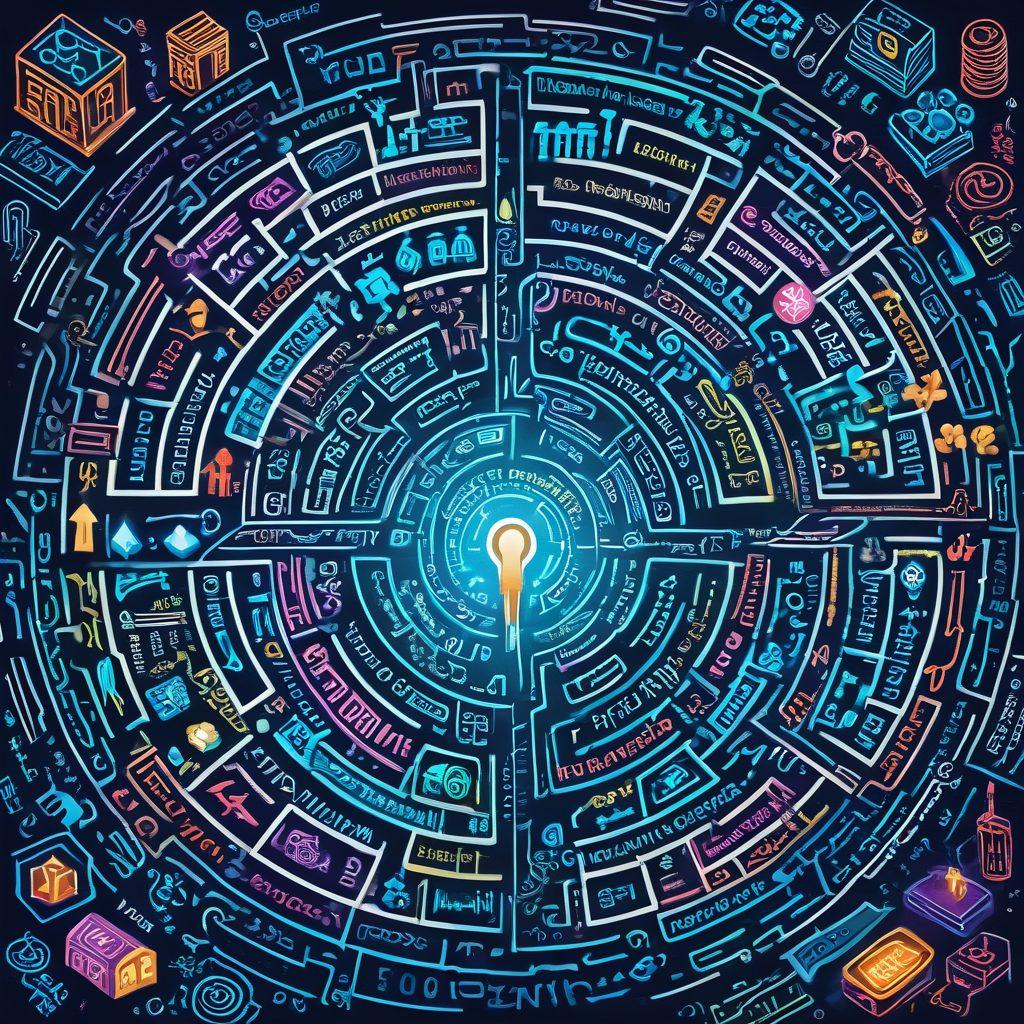 A labyrinth representing the complexity of healthcare billing, with symbols of revenue cycle management such as invoices, calculators, and medical symbols scattered throughout. The path should be illuminated with bright signs showcasing essential solutions, while healthcare professionals navigate the maze with determination. The image should convey a sense of urgency and clarity amidst the confusion. dynamic colors. detailed illustration. vibrant colors.
