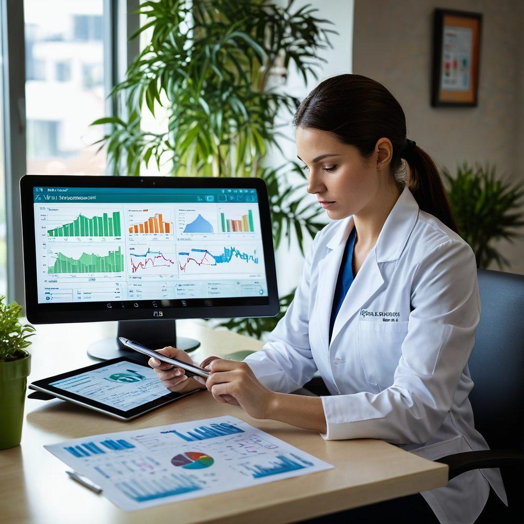 A modern healthcare office setting with a focused medical professional reviewing patient invoices and insurance claims on a digital tablet. The background features charts and graphs depicting effective solutions, while soft, warm lighting creates an inviting atmosphere. Include a plant for a touch of nature, and subtle hints of technology like a computer and a smartphone. super-realistic. vibrant colors. soft lighting.