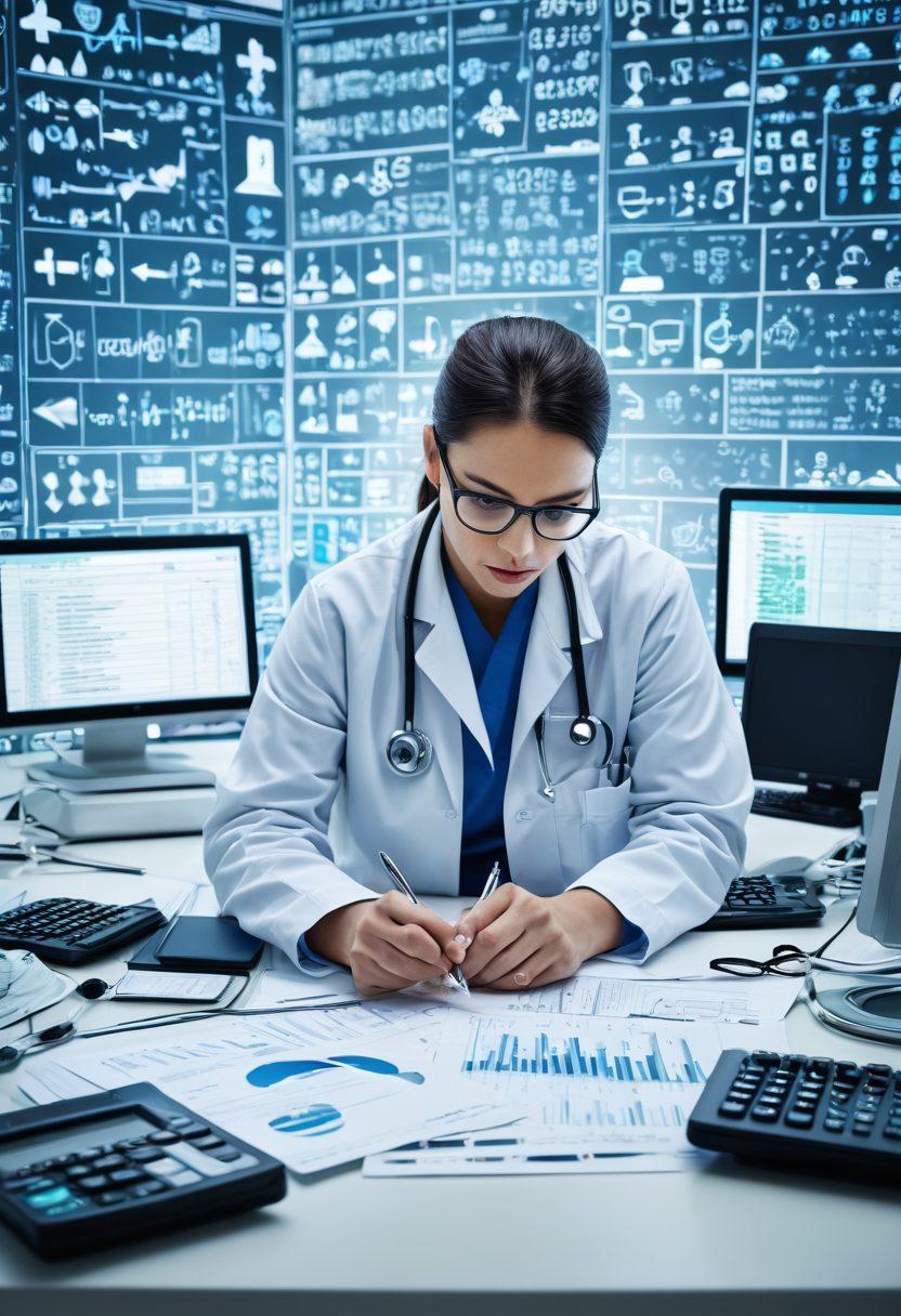 A dynamic collage showcasing a healthcare professional analyzing coding and billing documents, surrounded by technology like computers and calculators. Include symbols of compliance such as checkmarks and magnifying glasses, alongside vibrant visuals of dollar signs and medical icons. Incorporate a backdrop of a hospital or clinic to set the context. super-realistic. vibrant colors. white background.